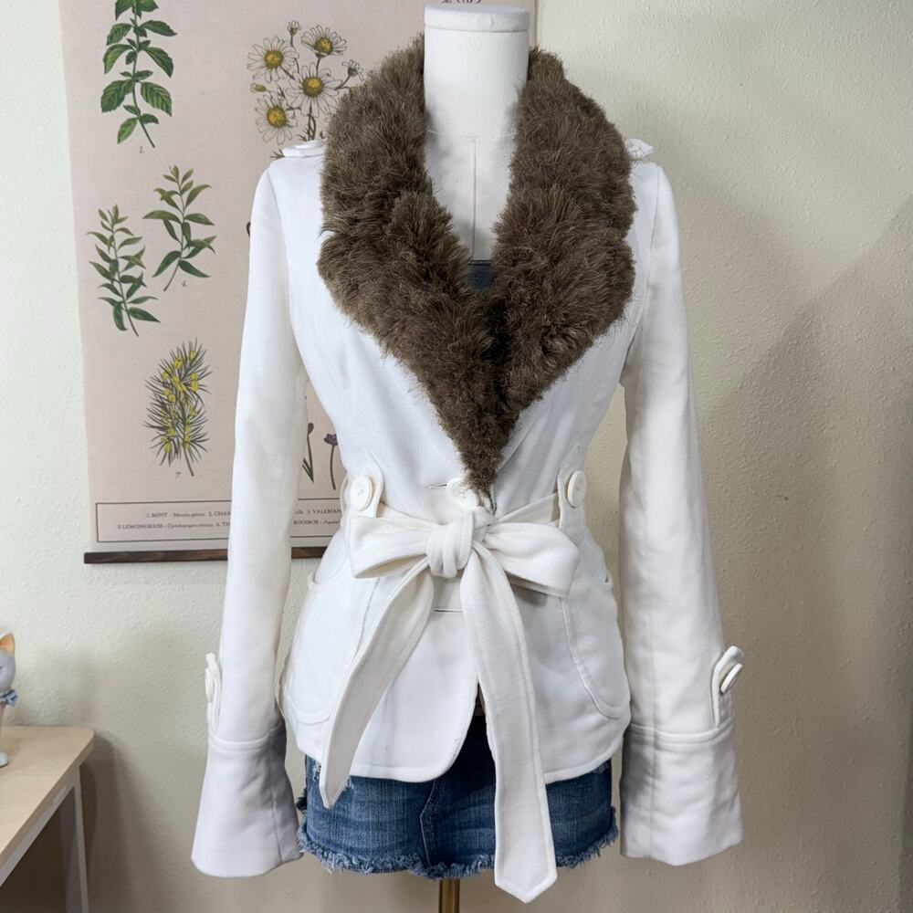 Y2k Faux Fur Collared Fitted White Jacket Coquette Forest Trashy McBling Bimbo S